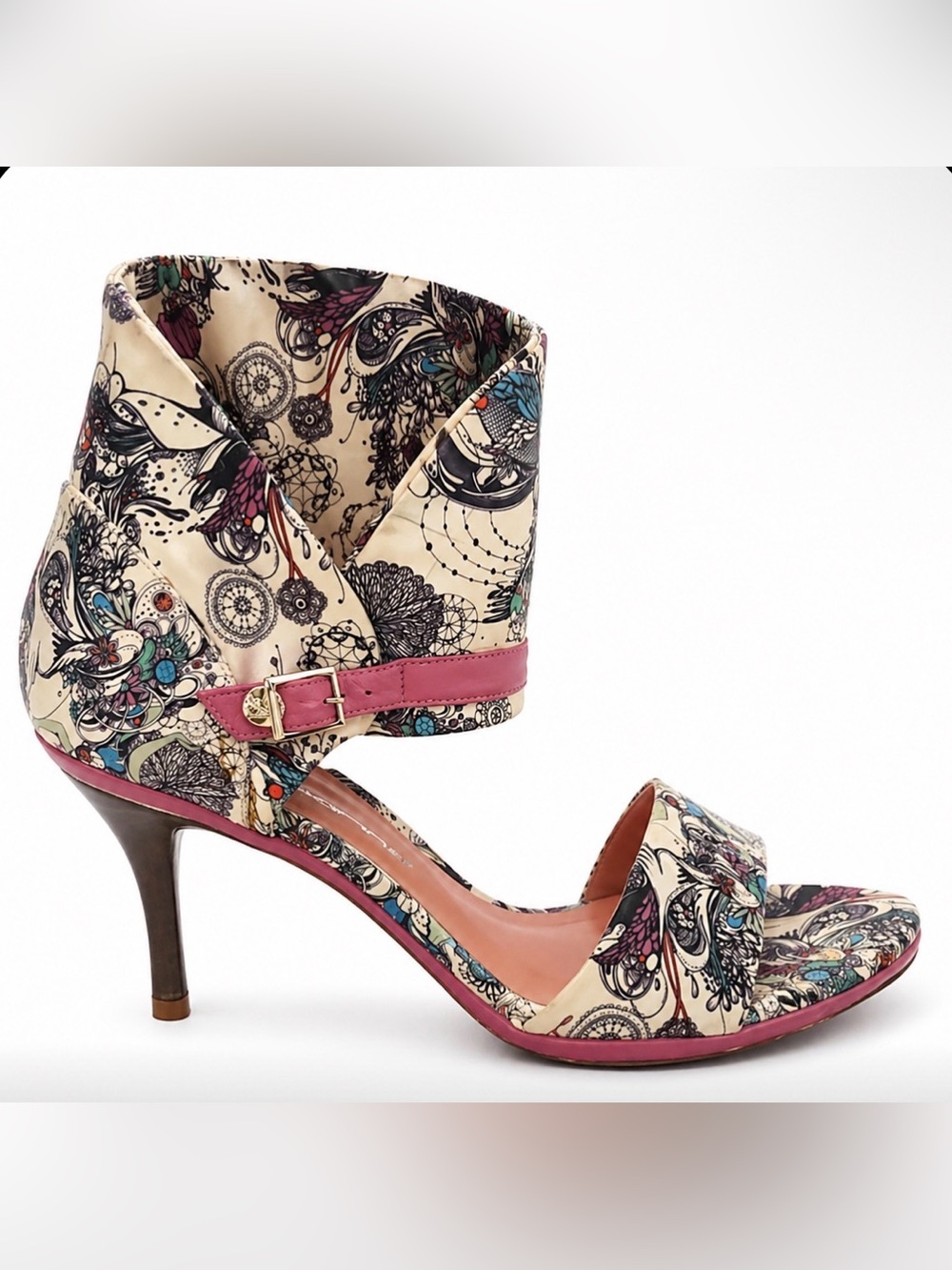 Floral Cream Ankle-Cuff Heels with Pink Trim - Size 37